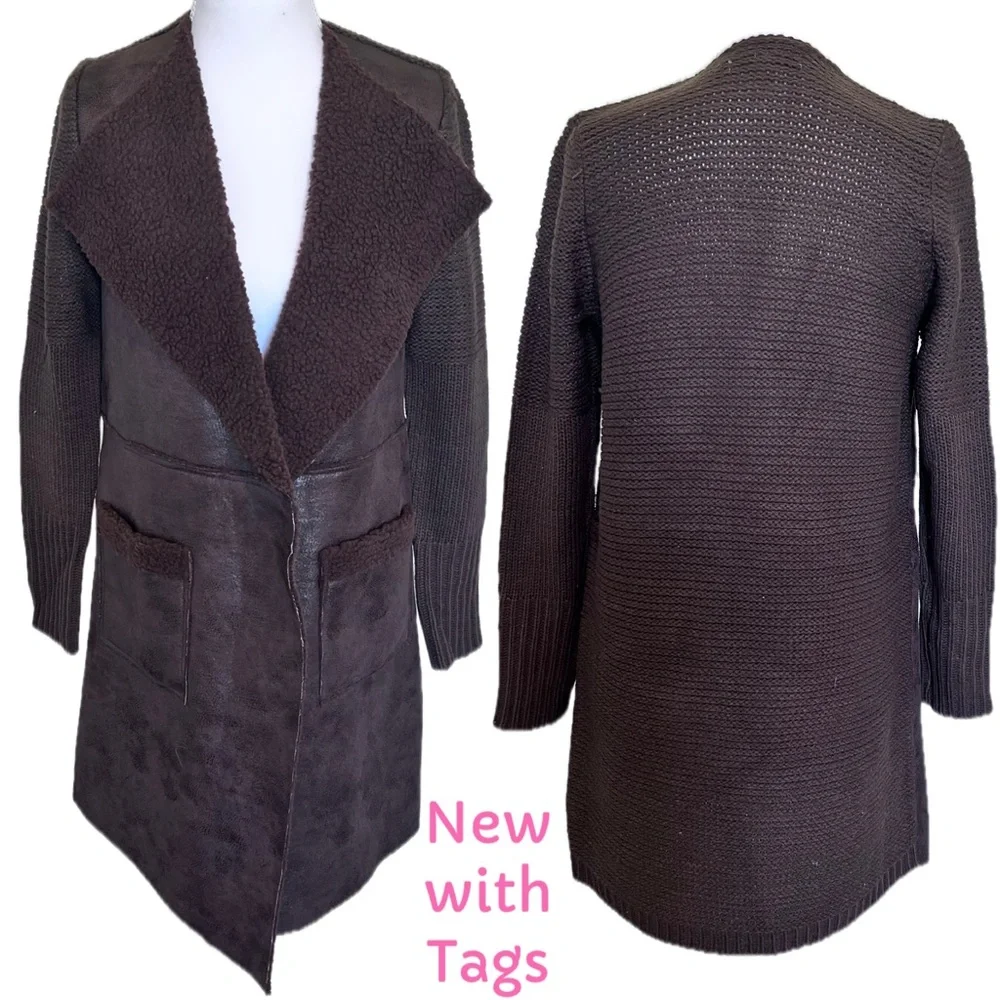 NWT Sweater Coat Pockets Faux Leather Sherpa Brown tones Sweater Back xs/sm